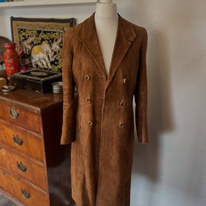 Women’s Vintage 70s Style Suede Trench Long Brown Real Leather Winter Ready Coat Soft Stylish Cold Weather Style Outerwear Gift for Her