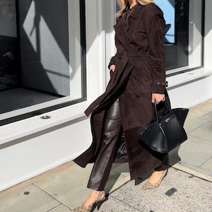 Women’s Brown Suede Leather Trench Coat – Vintage Western Style Genuine Suede Coat, Elegant Formal Outerwear, Perfect Gift for Her