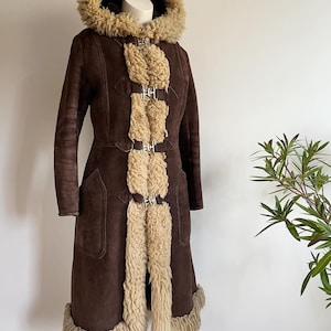 Vintage 70s Penny Lane Afghan Coat – Women's Suede Leather Shearling Trench, Handmade Hooded Fur Coat, Boho Winter Jacket Retro Gift for Her