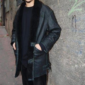 Vintage Shearling Sheepskin Coat – Black Leather Oversized Jacket, Handmade Winter Outerwear, Warm Mid Length Coat, Perfect Gift for Him