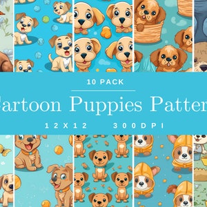 May include: A set of 10 digital seamless patterns featuring cartoon puppies in various poses and settings. The patterns are 12x12 inches and 300 DPI.  The patterns include puppies playing with balls, wearing hats, and sleeping in baskets.