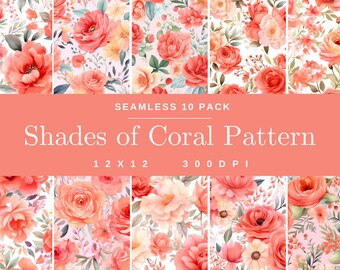 Seamless Pastel Coral Watercolor 10 Pack Patterns, Digital Paper, Floral Scrapbooking, Flower Background, Digital Art, Beautiful Nature