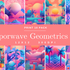 May include: A set of 10 digital prints featuring vibrant geometric designs in a vaporwave style. The prints are 12x12 inches and 300 DPI. The designs feature a variety of colours, including pink, blue, purple, and yellow. The prints are perfect for adding a touch of retro-futurism to any room.