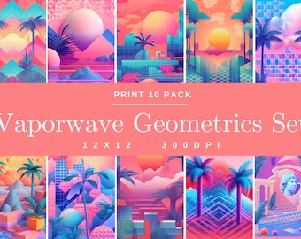Vaporwave Geometrics 10 Pack Patterns, Digital Paper, Technicolor Scrapbooking, Cybernetic Background, Beautiful Nature, 12x12 in 300 DPI