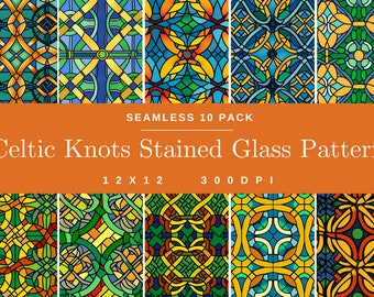 Celtic Knots Stained Glass 10 Pack Patterns, Digital Paper, Floral Scrapbooking, Flower Background, Art, Beautiful Nature 12x12 in 300 DPI