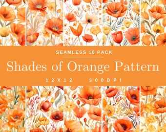 Seamless Pastel Orange Watercolor 10 Pack Pattern, Digital Paper, Floral Scrapbooking, Flower Background, Digital Art, Beautiful Nature
