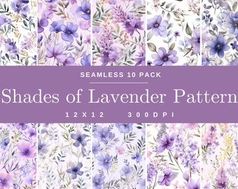 Seamless Pastel Lavender Watercolor 10 Pack Patterns, Digital Paper, Floral Scrapbooking, Flower Background, Digital Art, Beautiful Nature