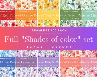 Pastel Watercolor 100 Pack Pattern Shades of Color Set, Digital Paper, Floral Scrapbooking, Flower Background, Digital Art, Beautiful Nature