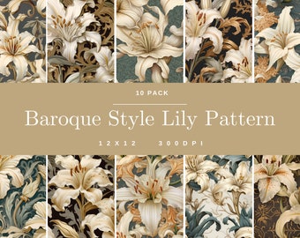 Baroque Style Lily 10 Pack Patterns, Digital Paper, Seamless Pattern, Floral Scrapbooking, Flower Background, Digital Art, natural Beauty