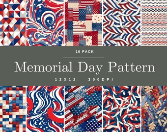 Memorial Day Patterns, 16 pack of patriotic design, American flag, Freedom, seamless pattern, digital design, 300 DPI, Military appreciation