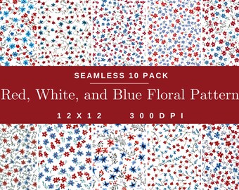 Red, White, and Blue Floral Surface Pattern Design 10 Pack, Digital Paper Scrapbooking, Flower Background Art, Memorial Day and 4th of July