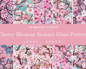 Cherry Blossom Stained Glass 10 Pack Patterns, Digital Paper, Floral Scrapbooking, Flower Background, Art, Beautiful Nature 12x12 in 300 DPI