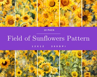 Field of Sunflowers 10 pack patterns, digital paper, seamless pattern, floral scrapbooking, flower background, digital art, hues of yellow