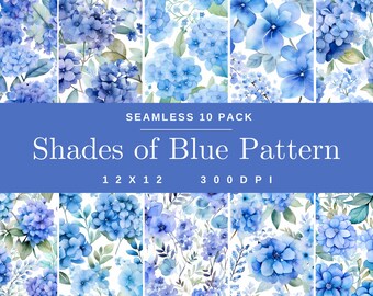 Seamless Pastel Blue Watercolor 10 Pack Patterns, Digital Paper, Floral Scrapbooking, Flower Background, Digital Art, Beautiful Nature 12x12
