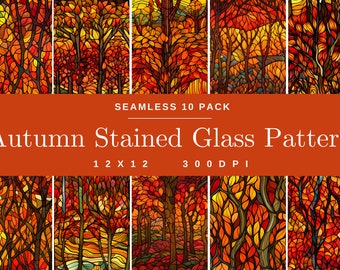 Autumn Forest Stained Glass 10 Pack Patterns, Digital Paper, Floral Scrapbooking, Flower Background, Art, Beautiful Nature 12x12 in 300 DPI
