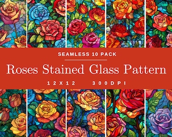 Roses Stained Glass 10 Pack Patterns, Digital Paper, Floral Scrapbooking, Flower Background, Art, Beautiful Nature 12x12 in 300 DPI