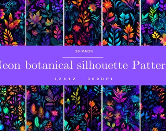 Neon botanical silhouette 10 Patterns, digital paper, seamless pattern, neon scrapbooking, abstract background, digital art, 12x12 300 DPI