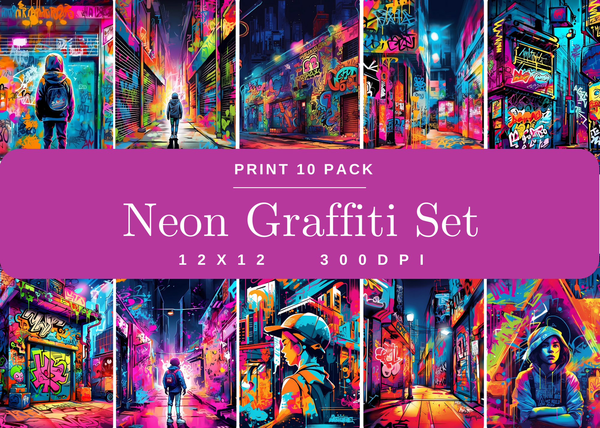 Neon Graffiti Art Print Set, Urban Street Art Backgrounds (digital