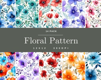 Mixed Florals digital paper 14 pack, seamless pattern, watercolor