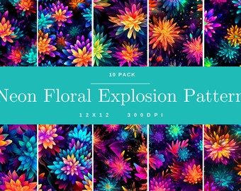 Neon Floral Explosions digital paper 14 pack, seamless pattern,