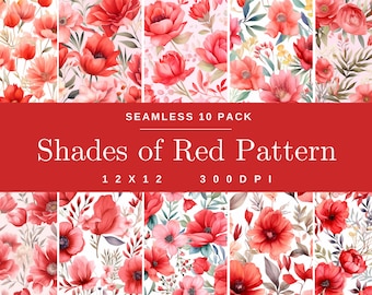 Seamless Pastel Red Watercolor 10 Pack Patterns, Digital Paper, Floral Scrapbooking, Flower Background, Digital Art, Beautiful Nature