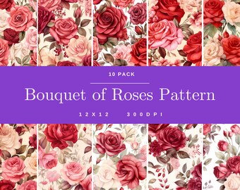 Bouquet of Roses 10 pack patterns, digital paper, seamless pattern, floral scrapbooking, flower background, digital art, crimson, romantic