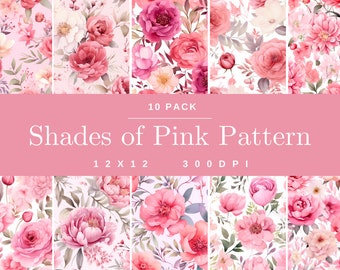 Pastel Pink Watercolor Flowers 10 Pack Patterns, Digital Paper, Seamless Pattern, Floral Scrapbooking, Nature Background, Beautiful Art,