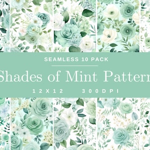 May include: A set of 10 seamless digital paper patterns featuring a mint green floral design. The patterns are 12 inches by 12 inches and 300 DPI.