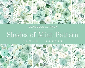 Acuarela de menta pastel sin costuras 10 patrones de paquete, papel digital, scrapbooking floral, fondo de flores, arte digital, naturaleza hermosa