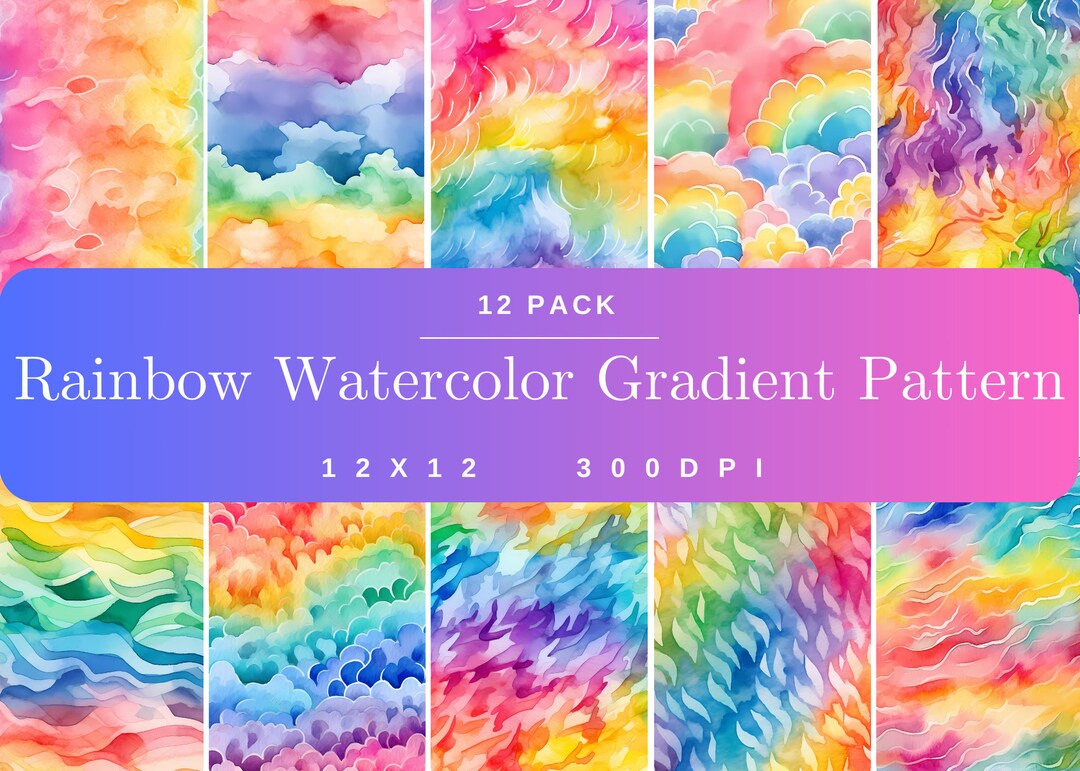 Rainbow Watercolor Gradient 12 Pack Patterns, Digital Paper, Seamless ...