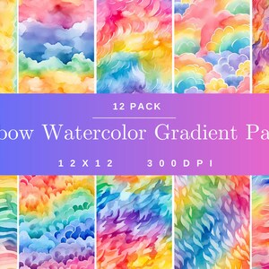 May include: A set of 12 digital seamless patterns featuring rainbow watercolor gradients. The patterns include clouds, waves, and abstract shapes. The patterns are 12x12 inches and 300 DPI.