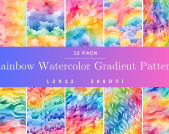 Rainbow Watercolor Gradient 12 Pack Patterns, Digital Paper, Seamless Pattern, Rainbow Scrapbooking, Beautiful Background, Digital Art