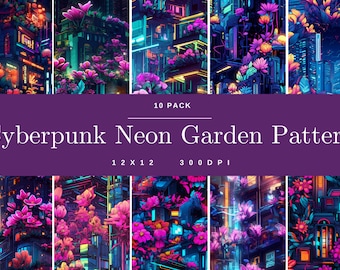 Cyberpunk Neon Garden 10 Patterns, digital paper, seamless pattern, neon scrapbooking, neon background, digital art, 12x12 300 DPI