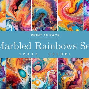 May include: A collection of ten 30.5 x 30.5 cm prints showcasing colourful, swirling abstract art in orange, yellow, blue, and purple. The prints are labelled "Marbled Rainbows Set" with "Print 10 Pack" and "300 DPI" text.