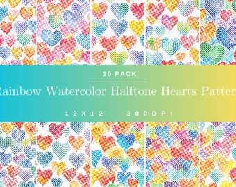 Rainbow Watercolor Halftone Hearts 10 Pack Patterns, Digital Paper, Seamless Pattern, Rainbow Scrapbooking, Beautiful Background, Art