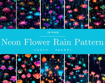 Glowing Neon Flower Rain 10 Patterns, digital paper, seamles pattern, Neon scrapbooking, Neon background, digital art, 12x12 300 DPI floral