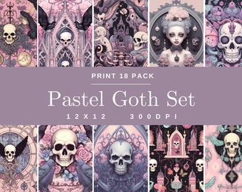 Pastel Goth 18 Pack Patterns, Digital Paper, Dark Scrapbooking, Skull Background, Art, Beautiful Mystic Melancholy