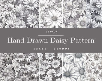 Hand-Drawn Daisy Style 10 Pack Patterns, Digital Paper, Seamless Pattern, Floral Scrapbooking, Flower Background, Digital Art, Beautiful