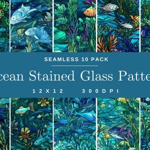May include: A set of 10 seamless digital patterns featuring a stained glass style ocean scene with blue, green, and yellow fish swimming among coral and seaweed. The patterns are 12x12 inches and 300 DPI.