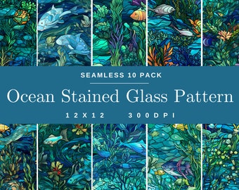 Ocean Stained Glass 10 Pack Patterns, Digital Paper, Floral Scrapbooking, Flower Background, Art, Beautiful Nature 12x12 in 300 DPI