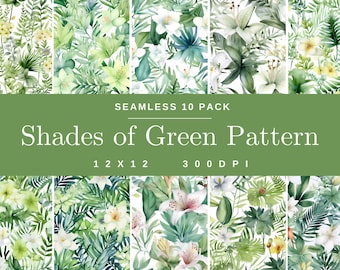 Seamless Pastel Green Watercolor 10 Pack Patterns, Digital Paper, Floral Scrapbooking, Flower Background, Digital Art, Beautiful Nature