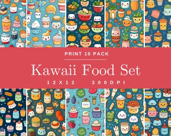Kawaii Food 10 Pack Patterns, Digital Paper, Colorful Scrapbooking, Cheerful Background, Art, Beautiful Bakery, Tasty Illustrations