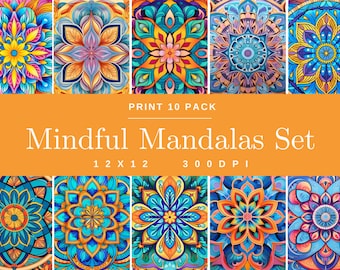 Mindful Mandalas 10 Pack Surface Design Patterns Digital Paper, Bright Scrapbooking, Bold Background, Vibrant Art, Balance Beauty