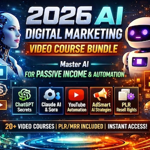 May include: A digital marketing video course bundle advertisement with the text "2026 AI" and "Digital Marketing Video Course Bundle". The image includes illustrations of robots and icons for ChatGPT, YouTube, and other AI tools.