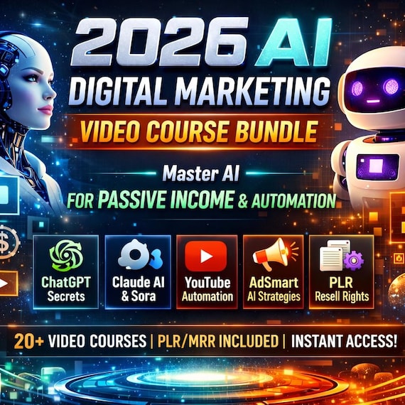AI Digital Marketing Video Course Bundle 2026 | ChatGPT & Claude Training | YouTube Automation | PLR Commercial Use | Instant Download MP4