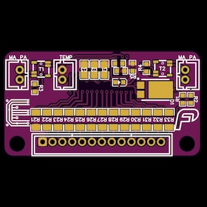 May include: A rectangular printed circuit board with a purple base and gold and white details. The board features various components, including rectangular pads, labeled sections, and a series of connection points. The text "MA PA", "TEMP", and "R21" are visible.