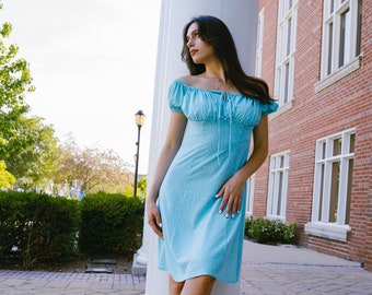 Handmade Polka Dot Dress: Light Blue Summer Boho Dress