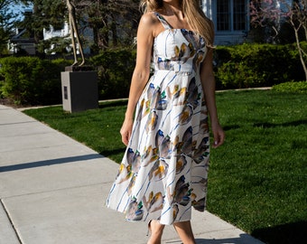 White Floral Midi Dress: Sleeveless Garden Party Wedding Guest