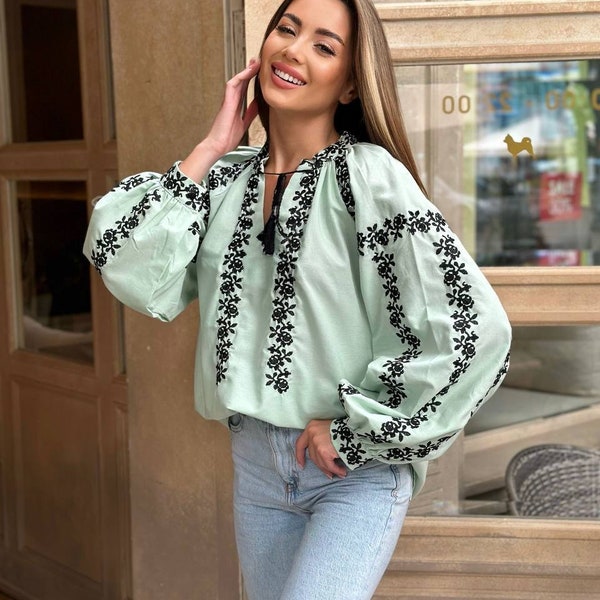 Mint green embroidery, Ukrainian blouse, boho blouse, gift for her, gift for mom