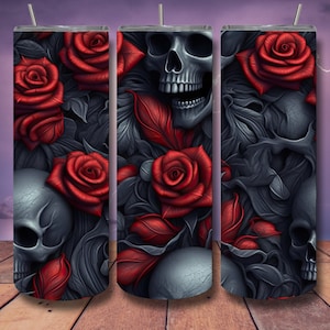 Seamless Red Roses and Skull 20 Oz Skinny Tumbler Wrap PNG - Instant Download Sublimation Design - Straight Tumbler Wrap - AI Art - Flowers